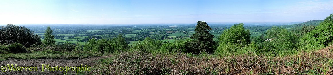 Panoramic view, south, from the North Downs at Holmbury Hill.  Surrey, England