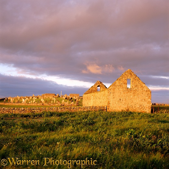 Dilapidated building and graveyard.  North Uist, Scotland