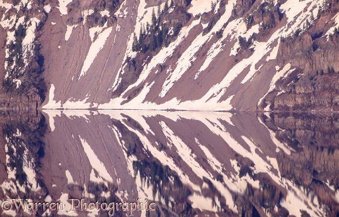 Pattern formed by reflections of snow patches.  Crater Lake, Oregon, USA