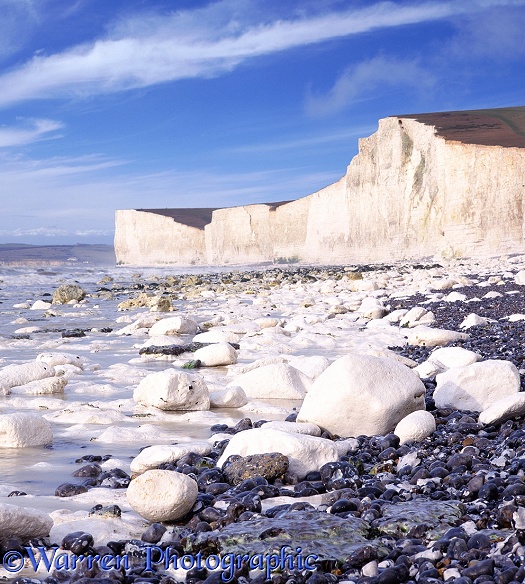 Chalk boulders and cliffs.  Sussex, England