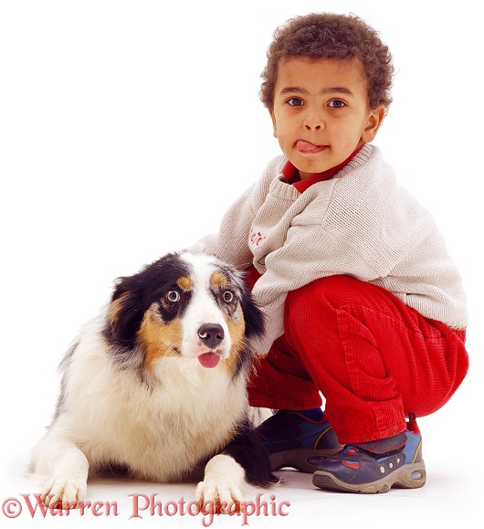 Afro-Caribbean boy, Jumaane, and Border Collie, both with their tongues out, white background