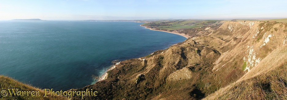 Weymouth Bay from Whitenothe panoramic view.  Dorset, England