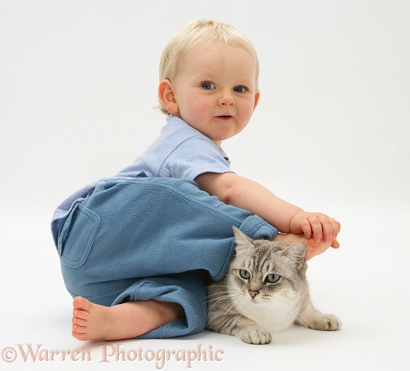 Toddler with Bengal cat, white background