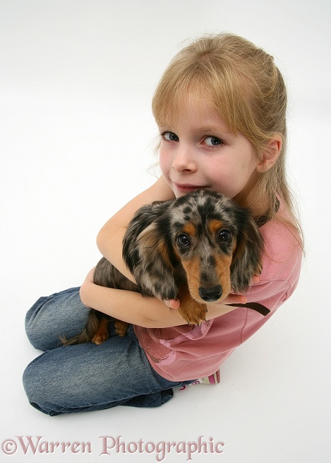 Shona (9) with her silver dapple Miniature Dachshund pup, white background