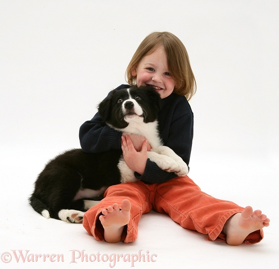 Katie (4) with her black-and-white Border Collie pup Pepper, white background