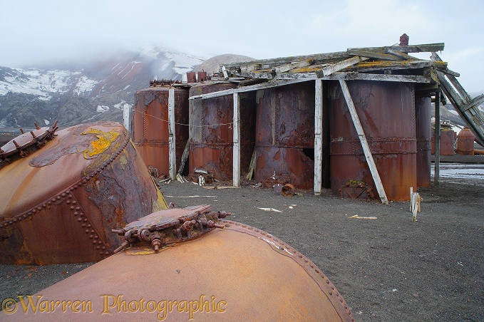 Rusting remains of an old whaling station.  Deception Island, Antarctica