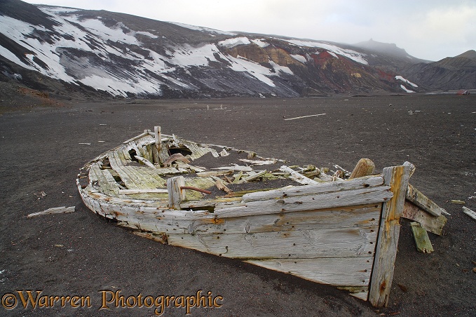 Remains of an old wooden boat.  Deception Island, Antarctica