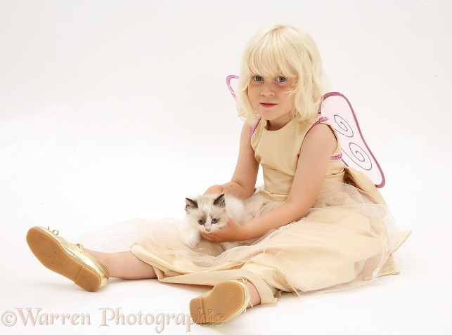 Siena (4) playing a fairy and playing with a kitten, white background