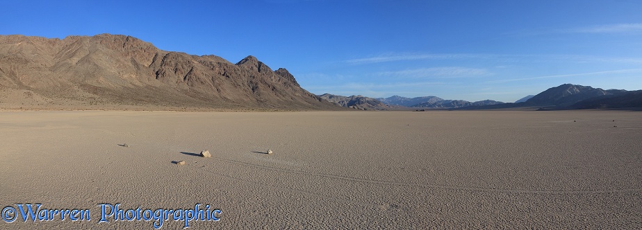 Panoramic view of the Sliding Stones or Moving Rocks of Racetrack Playa.  Death Valley, California