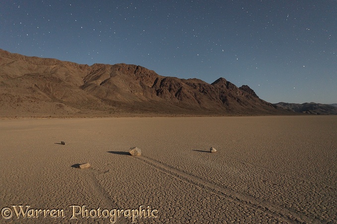 Sliding Stones or Moving Rocks of Racetrack Playa, taken at night by moonlight, with stars in the background.  Death Valley, California