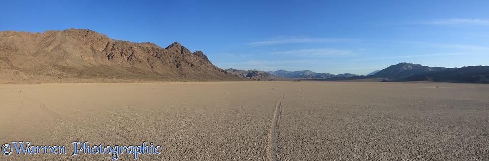 Panoramic view of the Sliding Stones or Moving Rocks of Racetrack Playa.  Death Valley, California