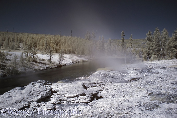 River and hot springs scene in near infrared.  Yellowstone, USA