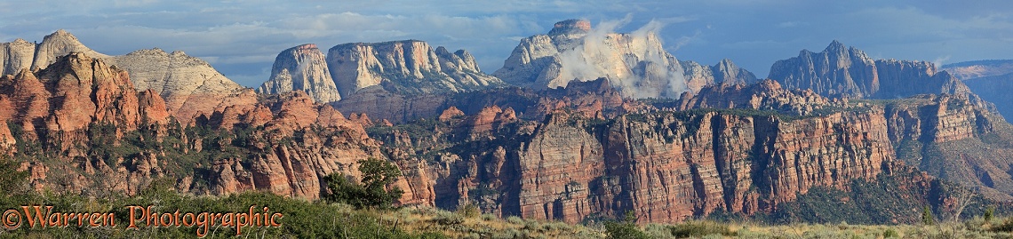 Panoramic of rocky sandstone mountains and cliffs.  Zion National Park, Utah