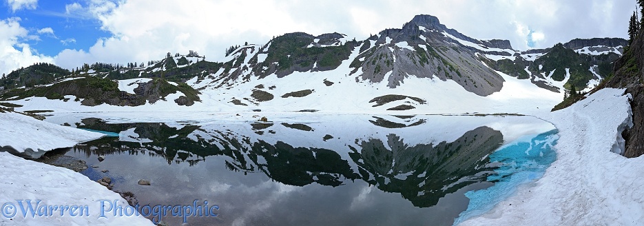 Lake and reflected mountains panorama.  Washington State, USA