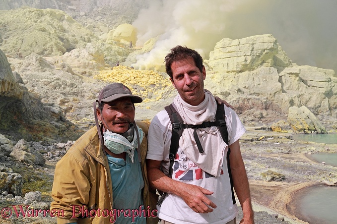 Mark and Kawah Ijen sulphur mine worker, Shookerman.  Java, Indonesia