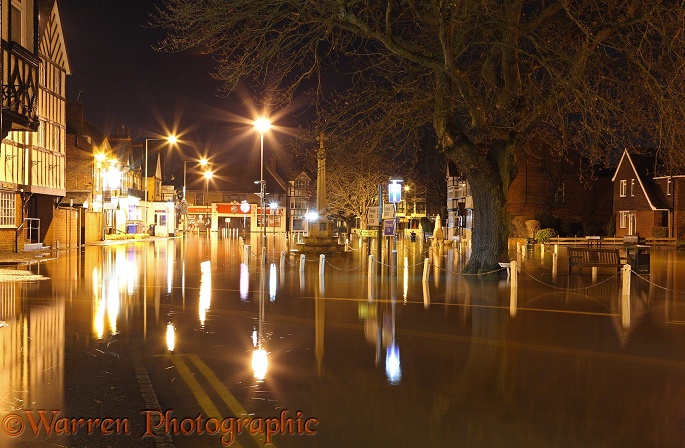 Flooded town of Datchet, at night. Inundated by water from the River Thames in February 2014.  Berkshire, England