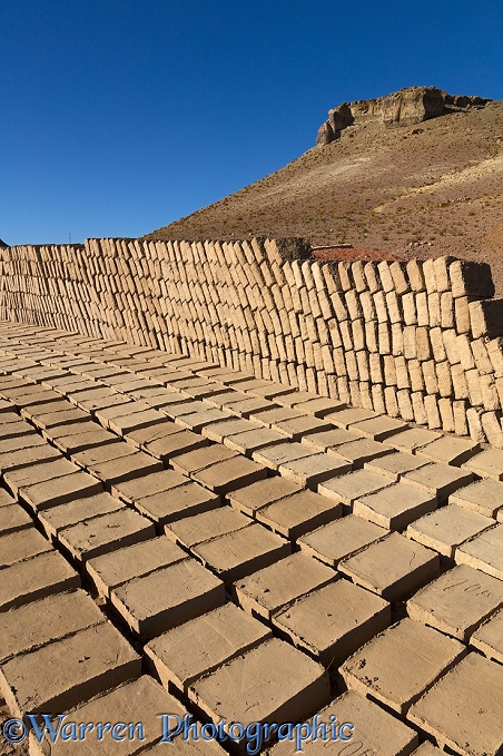 Adobe mud bricks drying and stacked ready for use.  Bolivia