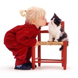 Little girl kissing a black-and-white kitten