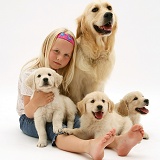 Girl with Golden Retriever and pups