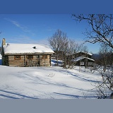 Wooden houses in the snow