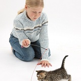 Girl playing with a tabby kitten