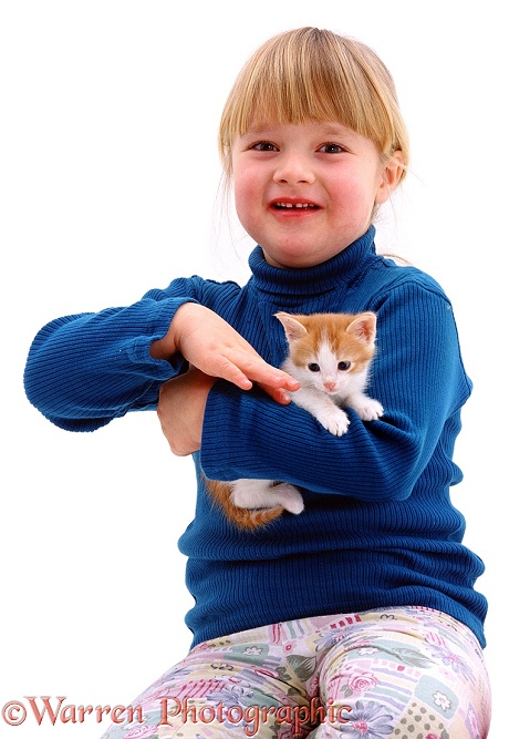 Marcia, 4 years old, with ginger-and-white kitten, white background