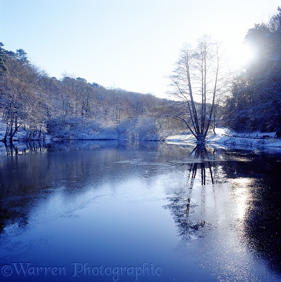 Ice begins to form on a picturesque little lake.  Surrey, England