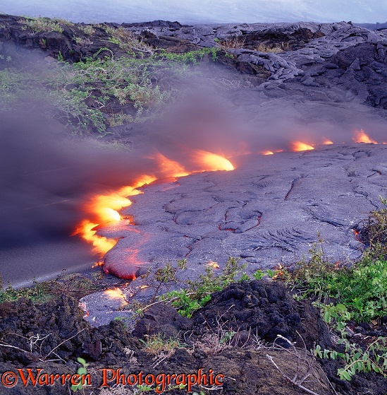 Lava burning up a road.  Hawaii