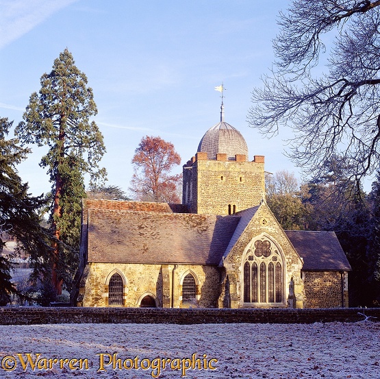 Albury Saxon church with frost.  Surrey, England