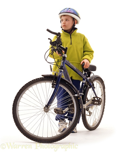 Boy with a bike, white background