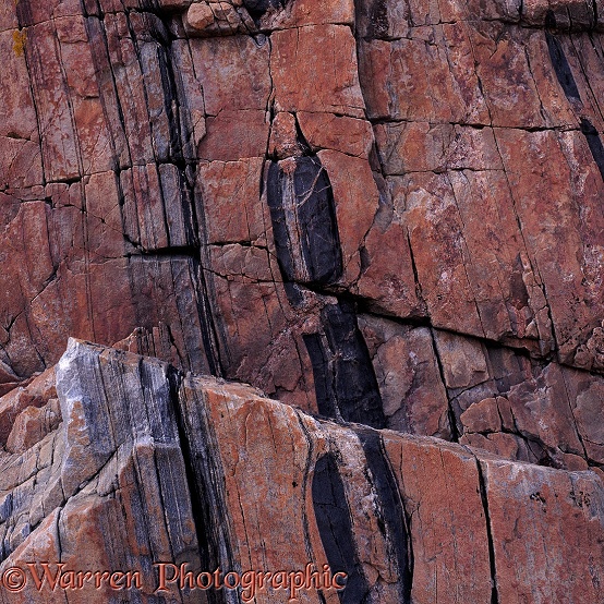 Rock with vertical strata.  Scotland