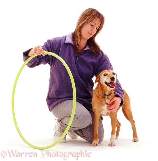 Woman and dog, white background