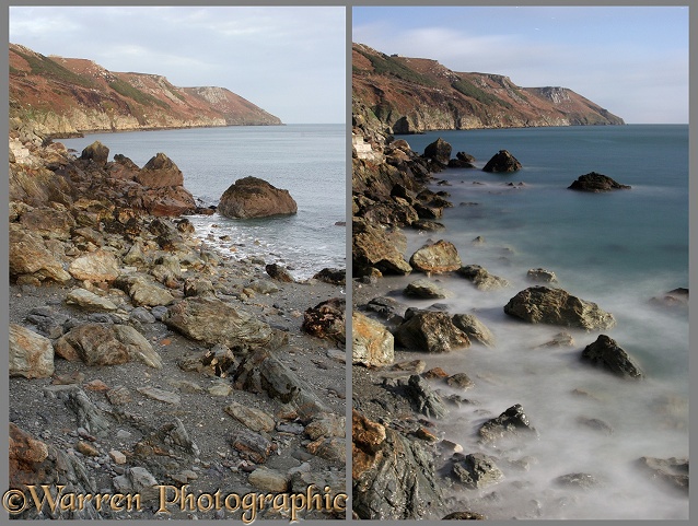 The same beach at day time (left) and at night time by moonlight (right).  Lundy Island, England