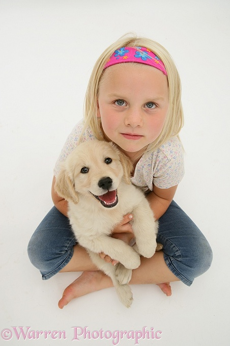 Rosie with Golden Retriever Lola pup, white background