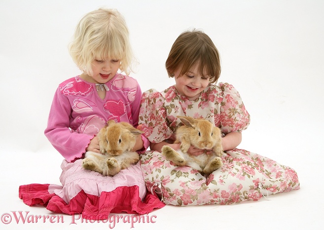 Children with rabbits, white background