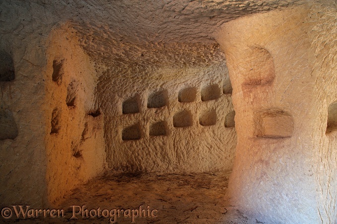 Inside of troglodyte dwelling with compartments for pigeons to live in.  Kapadokia, Turkey