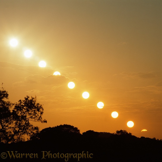 Timelapse of setting sun (at 6 minute intervals) at midsummer.  Surrey, England