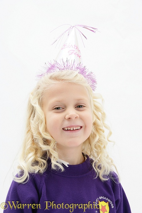 Siena (5) with party hat on, white background