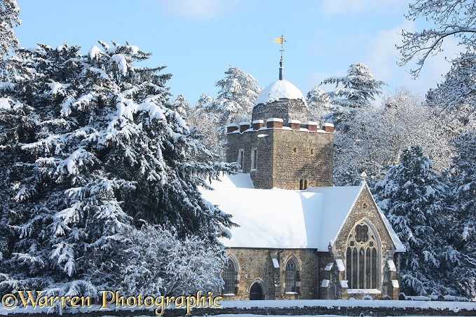 Albury Saxon church with snow.  Surrey, England
