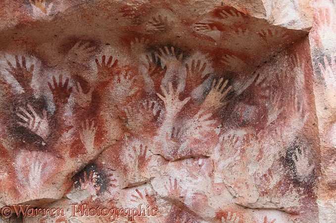 9000 year old cave hand paintings.  Cueva de las Manos, Argentina