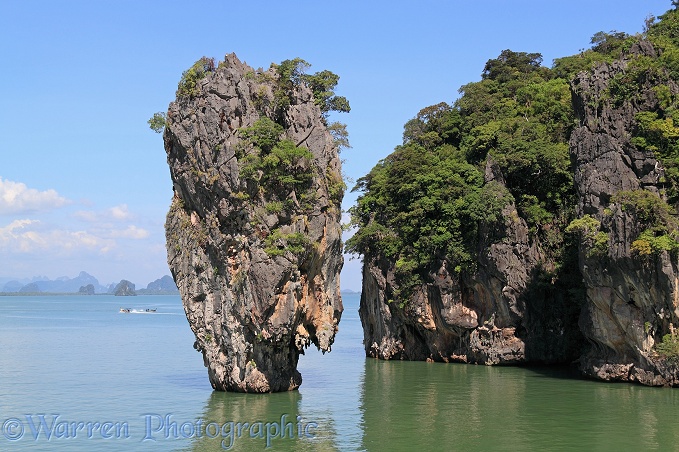 Limestone cliffs and pinnacle islands.  Phang Nga Bay, Thailand