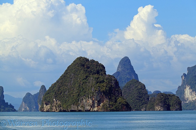 Limestone cliffs and pinnacle islands.  Phang Nga Bay, Thailand