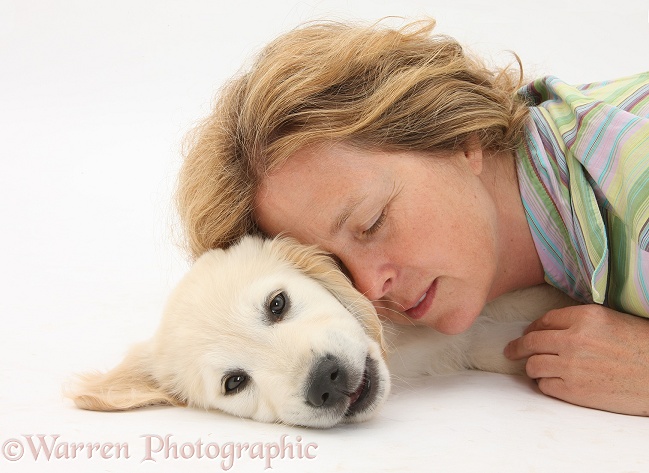 Miriam nuzzling Golden Retriever dog pup, Oscar, 3 months old, white background