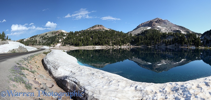 Mountains reflected in a lake.  Lassen Volcanic National Park, California