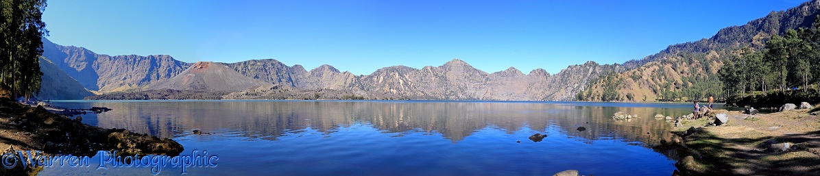 Panoramic view over the lake inside the crater of Rinjani.  Lombok, Indonesia