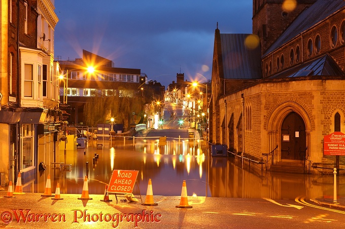 River Wey flooding the town of Guildford at night.  Surrey, England