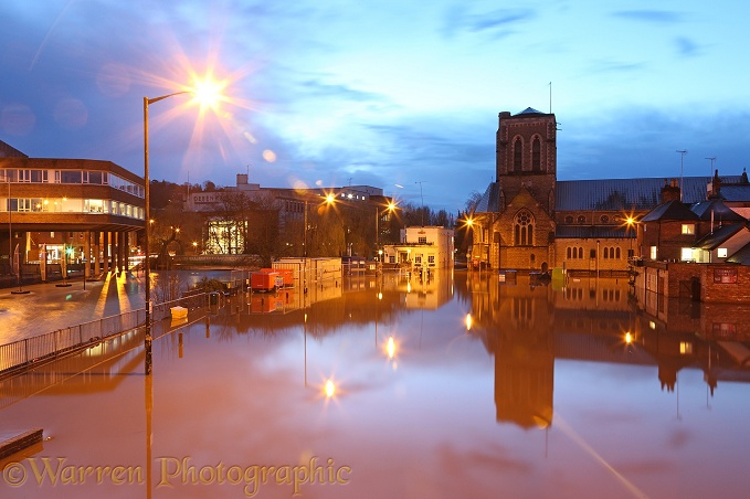 River Wey flooding the town of Guildford at night.  Surrey, England