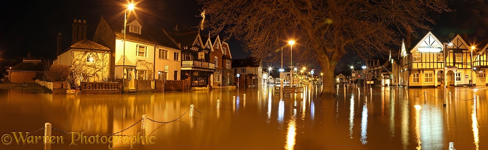 Flooded town of Datchet, at night. Inundated by water from the River Thames in February 2014.  Berkshire, England
