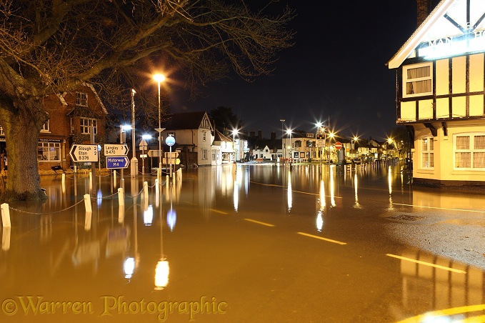 Flooded town of Datchet, at night. Inundated by water from the River Thames in February 2014.  Berkshire, England