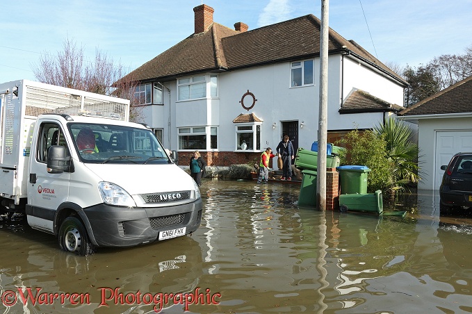 Flooded street in Weybridge 2014.  Surrey, England